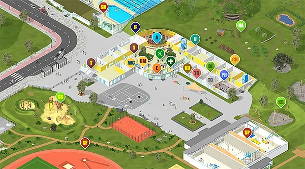 Ansicht aus dem Portal "Sichere Schule": An einem Gebäude sind verschiedene Räume markiert und anklickbar.