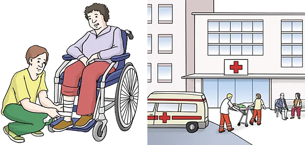 Links: Pflege-Fachkraft legt einer Frau einen neuen Verband an. Rechts: Kranken-Haus.