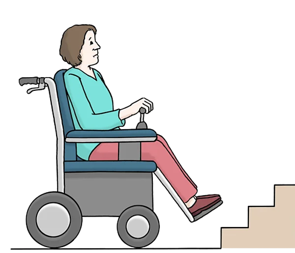 Frau im Roll-Stuhl steht vor einer Treppe.