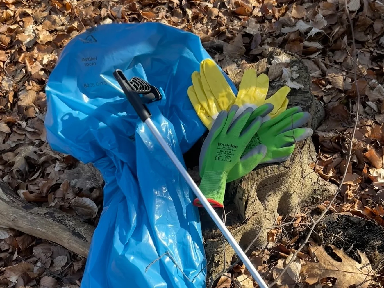 Eine Müllzange, ein Paar Arbeitshandschuhe und eine Müllzange liegen auf eine laubbedeckten Waldboden