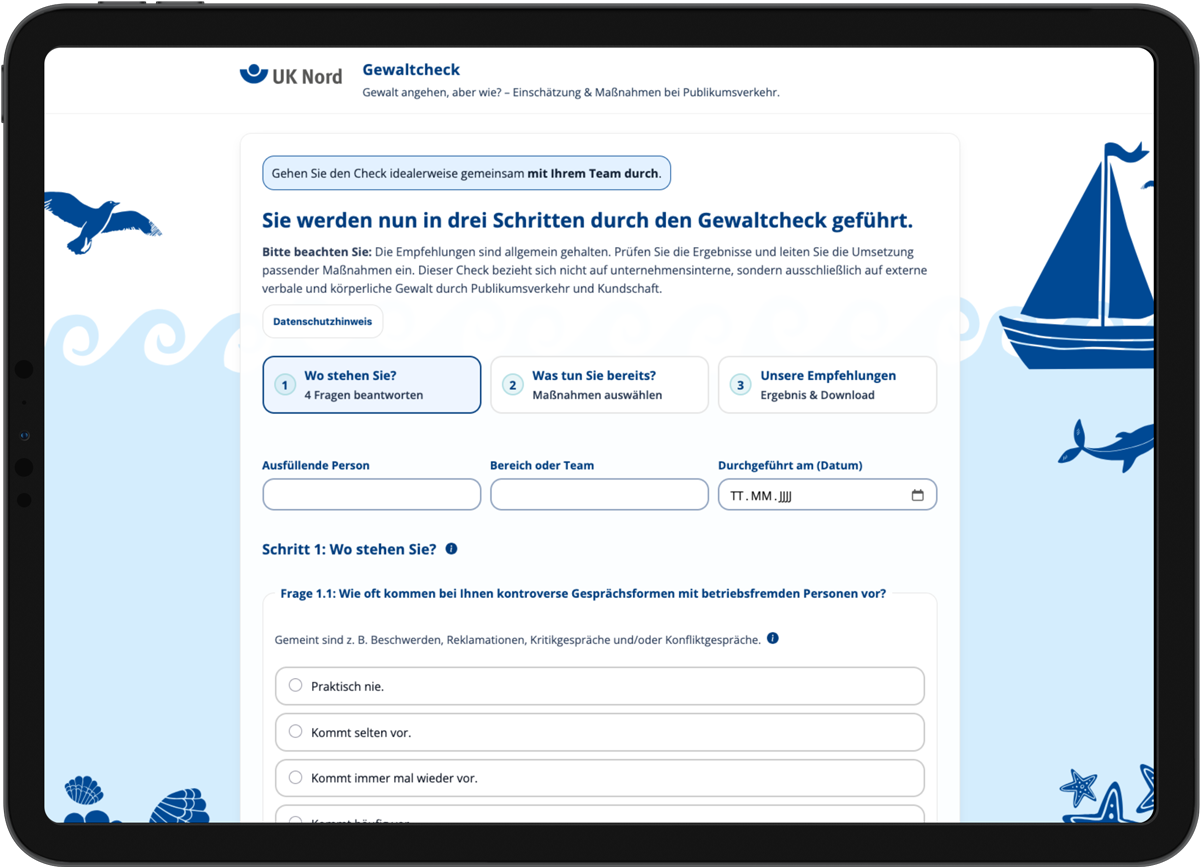 Tablet zeigt die Startseite des Gewaltchecks